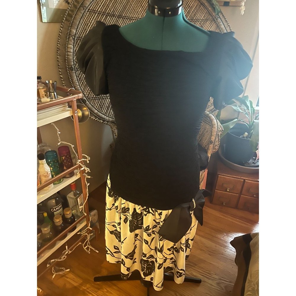 Vintage 80s Drop Waist + Huge Sleeves Party Dress with Drop Waist, Stretchy Top,